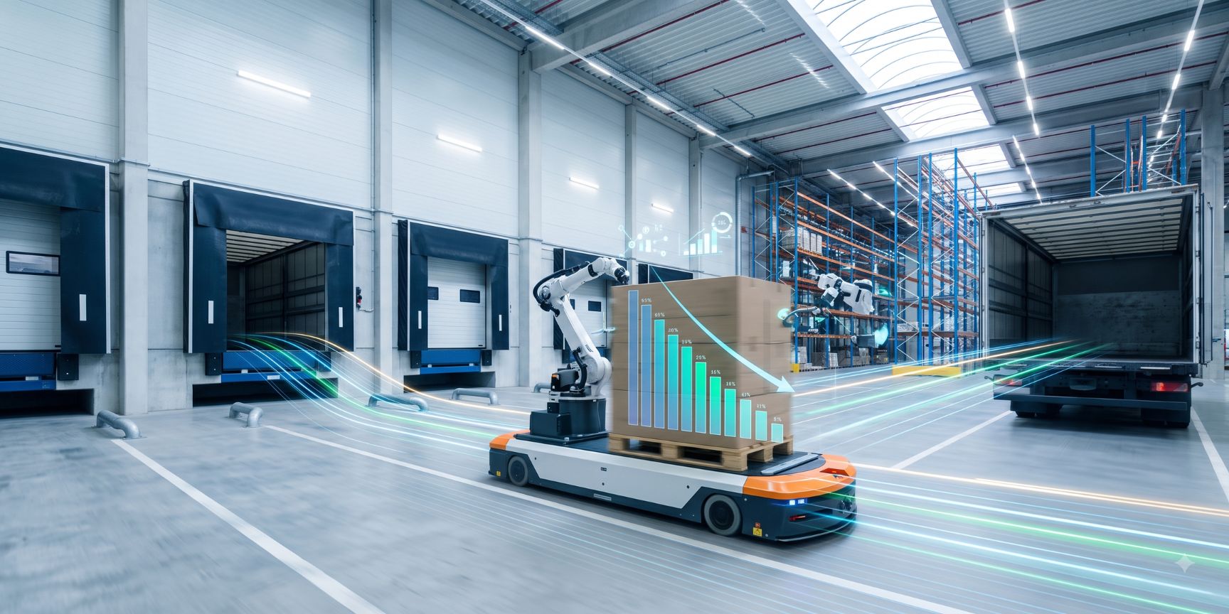 Optimization of the storage interest rate through cross-docking and contract logistics in a modern logistics hall with automated pallet movement.